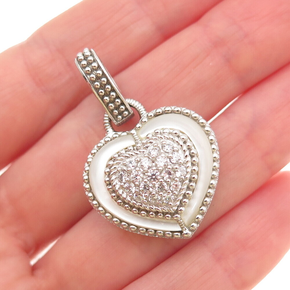 Judith Ripka 925 Sterling Silver Real MOP & Round-Cut C Z Heart Charm Pendant